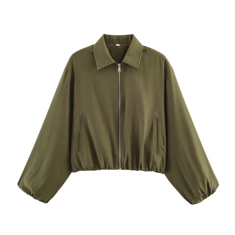 Damen Gepunktete Cropped-Bomberjacke im Retro-Look mit Hemdkragen und elastischem Saum Nord Taschen