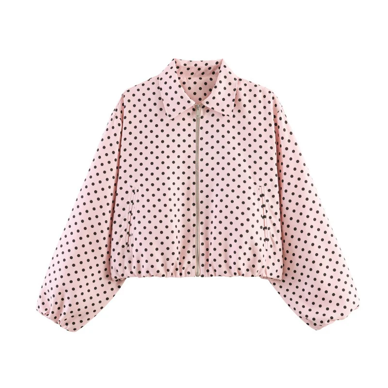 Damen Gepunktete Cropped-Bomberjacke im Retro-Look mit Hemdkragen und elastischem Saum Nord Taschen