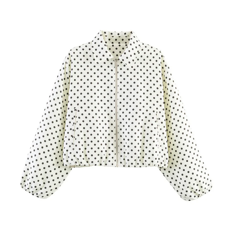 Damen Gepunktete Cropped-Bomberjacke im Retro-Look mit Hemdkragen und elastischem Saum Nord Taschen