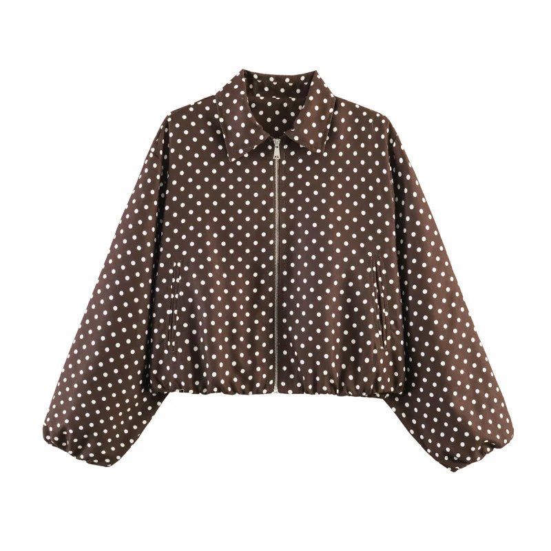 Damen Gepunktete Cropped-Bomberjacke im Retro-Look mit Hemdkragen und elastischem Saum Nord Taschen