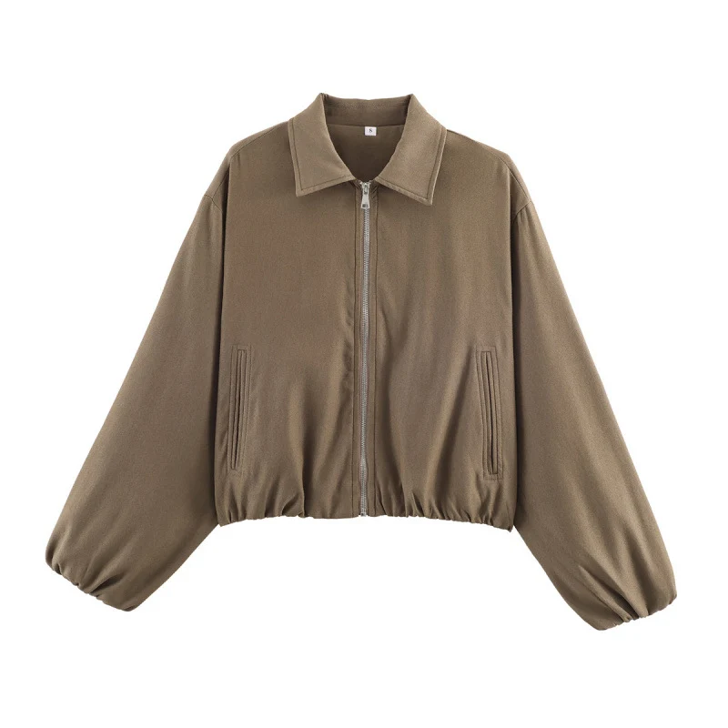Damen Gepunktete Cropped-Bomberjacke im Retro-Look mit Hemdkragen und elastischem Saum Nord Taschen