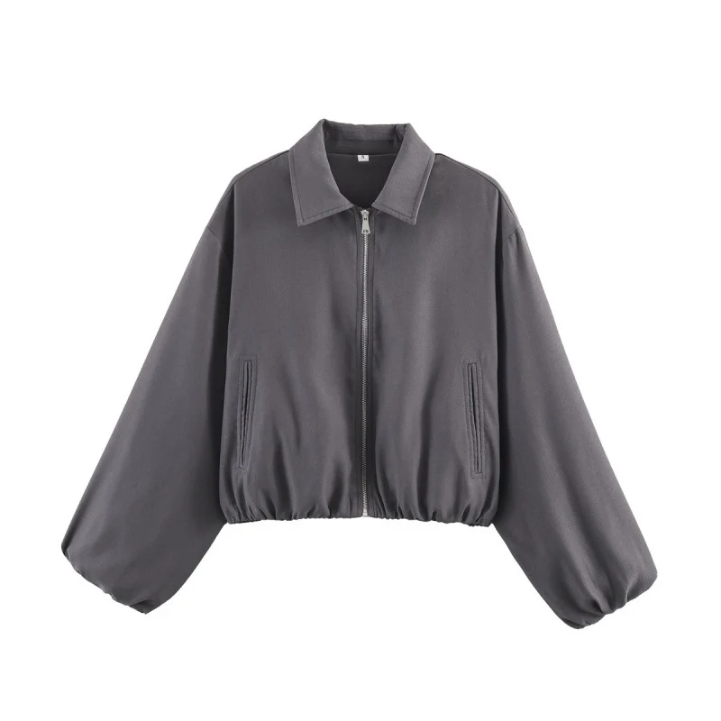 Damen Gepunktete Cropped-Bomberjacke im Retro-Look mit Hemdkragen und elastischem Saum Nord Taschen