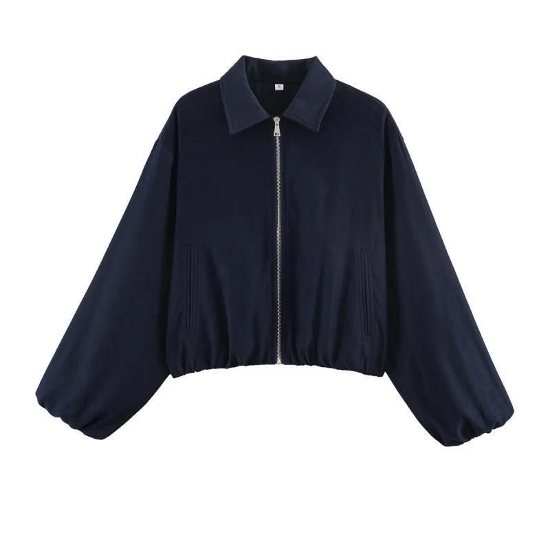 Damen Gepunktete Cropped-Bomberjacke im Retro-Look mit Hemdkragen und elastischem Saum Nord Taschen