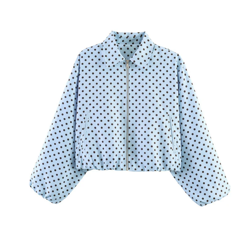 Damen Gepunktete Cropped-Bomberjacke im Retro-Look mit Hemdkragen und elastischem Saum Nord Taschen