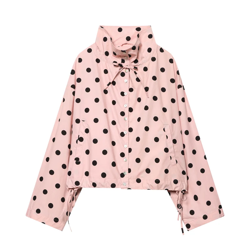 Damen Gepunktete Cropped‑Blousonjacke mit hohem Stehkragen, Tunnelzug und Knopfleiste Nord Taschen