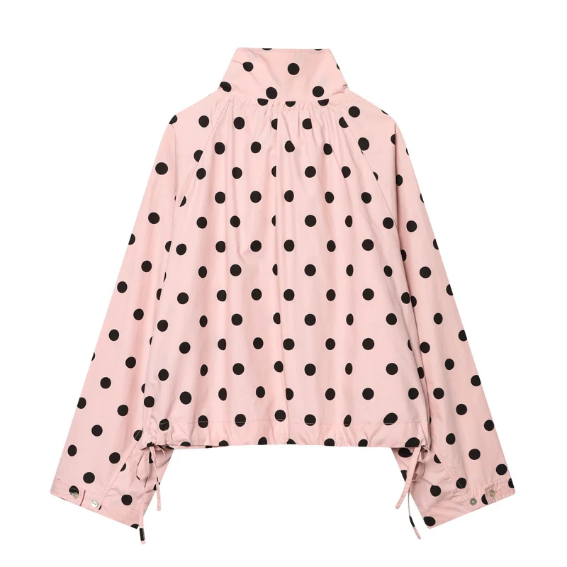 Damen Gepunktete Cropped‑Blousonjacke mit hohem Stehkragen, Tunnelzug und Knopfleiste Nord Taschen
