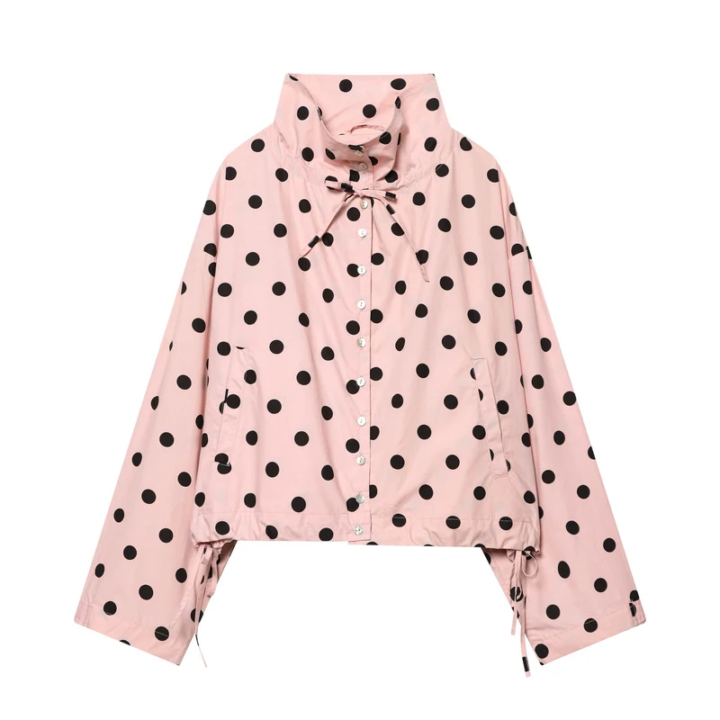 Damen Gepunktete Cropped‑Blousonjacke mit hohem Stehkragen, Tunnelzug und Knopfleiste Nord Taschen