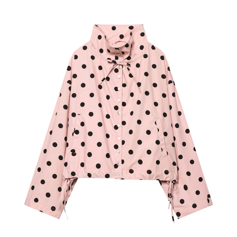 Damen Gepunktete Cropped‑Blousonjacke mit hohem Stehkragen, Tunnelzug und Knopfleiste Nord Taschen