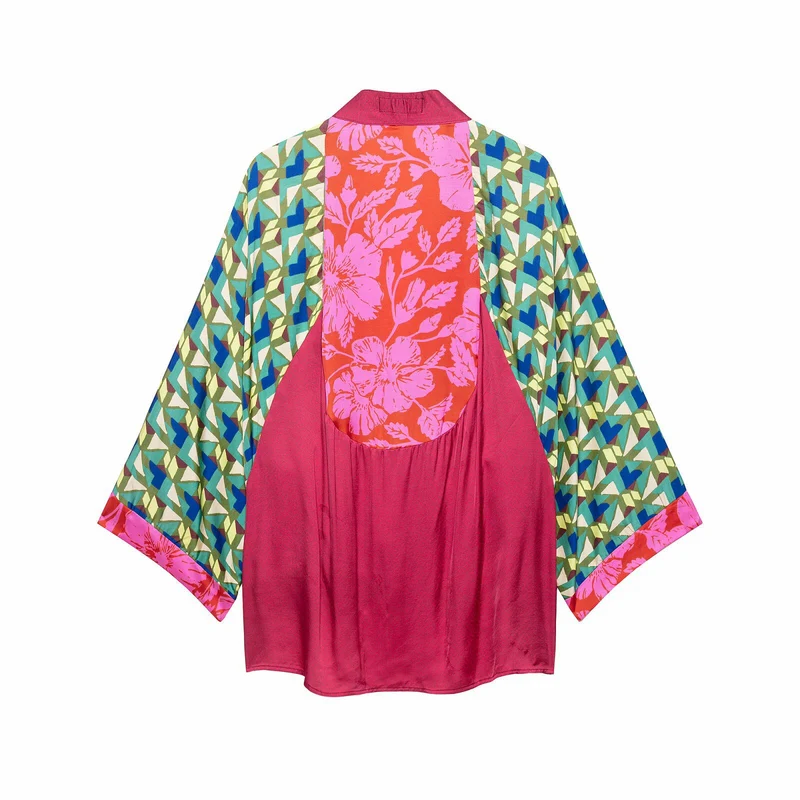 Damen Gemusterter Seiden-Kimono mit Bindegürtel und weitem Fledermausärmel Nord Taschen