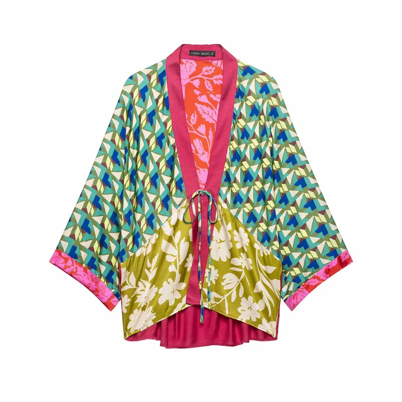 Damen Gemusterter Seiden-Kimono mit Bindegürtel und weitem Fledermausärmel Nord Taschen