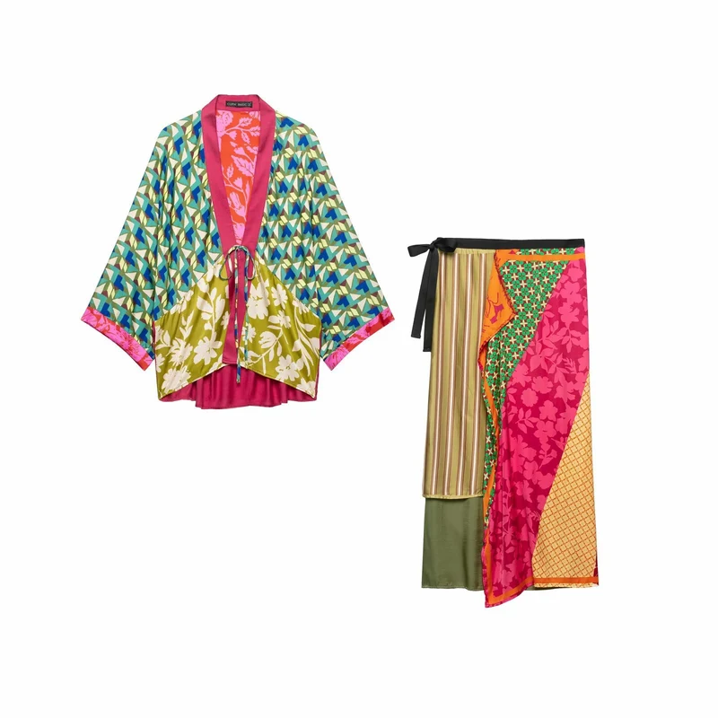 Damen Gemusterter Seiden-Kimono mit Bindegürtel und weitem Fledermausärmel Nord Taschen