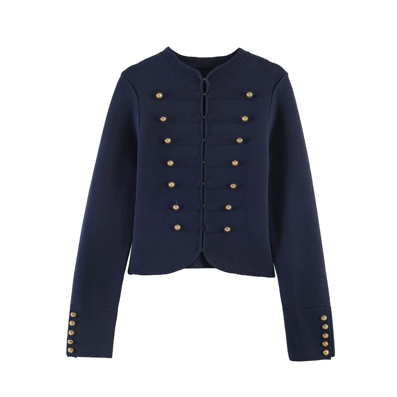 Damen Gekürzte Militärblazer‑Jacke mit Stehkragen, dekorativen Zierriegeln und Goldknöpfen Nord Taschen