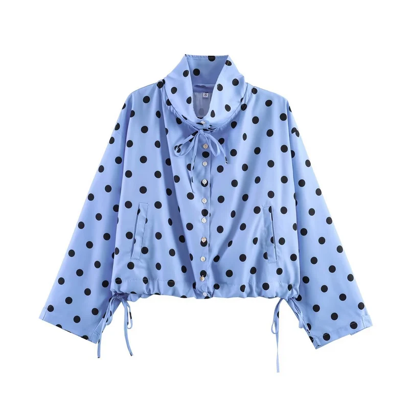 Damen Gekürzte gepunktete Übergangsjacke mit Stehkragen, Tunnelzugsaum und Knopfleiste Nord Taschen