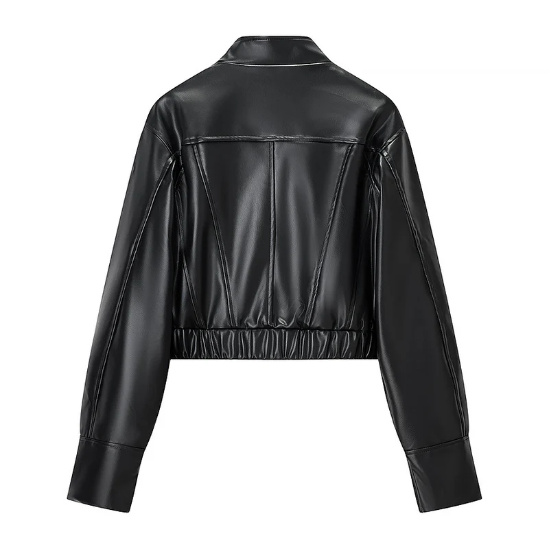 Damen Gekürzte Boxy-Kunstlederjacke mit Stehkragen und konstruktiven Teilungsnähten Nord Taschen