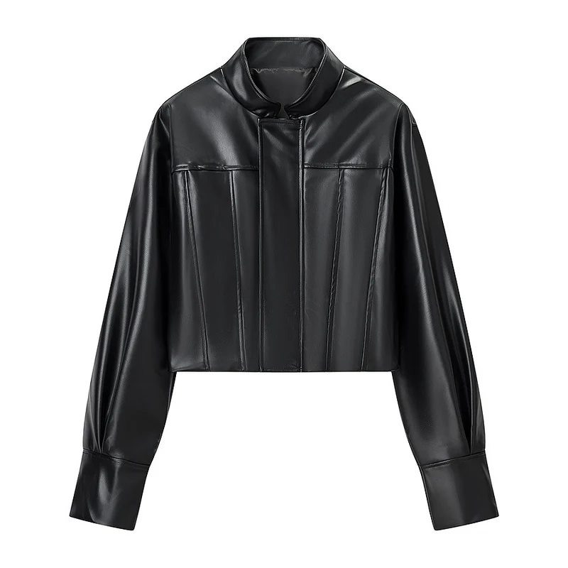 Damen Gekürzte Boxy-Kunstlederjacke mit Stehkragen und konstruktiven Teilungsnähten Nord Taschen