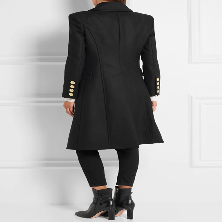 Damen Asymmetrischer Midilanger Wollmix-Mantel mit doppeltreihiger Knopfleiste und goldenen Zierknöpfen Nord Taschen