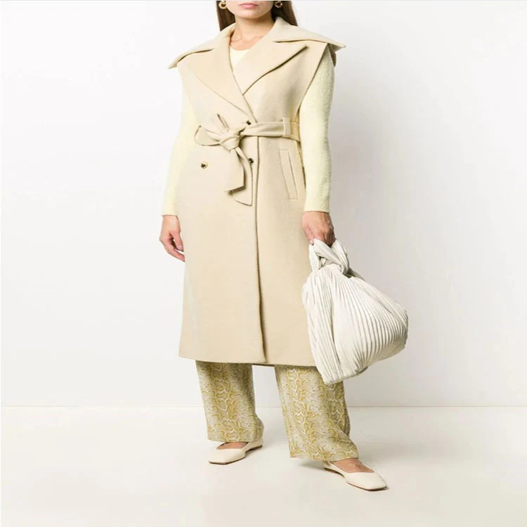 Damen Ärmelloses tailliertes Wollmix-Gilet mit breitem Schalkragen und Bindegürtel Nord Taschen