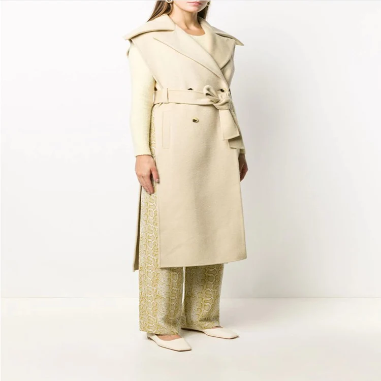 Damen Ärmelloses tailliertes Wollmix-Gilet mit breitem Schalkragen und Bindegürtel Nord Taschen
