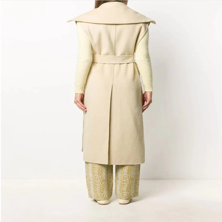 Damen Ärmelloses tailliertes Wollmix-Gilet mit breitem Schalkragen und Bindegürtel Nord Taschen