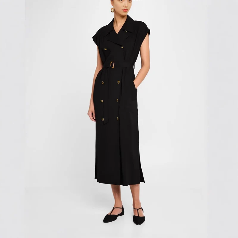 Damen Ärmelloses Doppelreiher-Midikleid mit Trench-Gürtel Nord Taschen