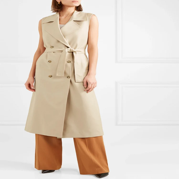 Damen ärmelloser Wickel-Trenchcoat aus Baumwollmix mit doppelreihiger Knopfleiste und Taillengürtel Nord Taschen