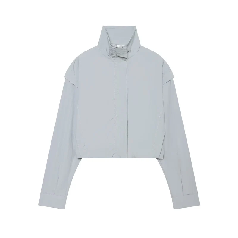 Damen Kurze funktionale Windjacke mit hohem Stehkragen und verdeckter Reißverschluss Nord Taschen