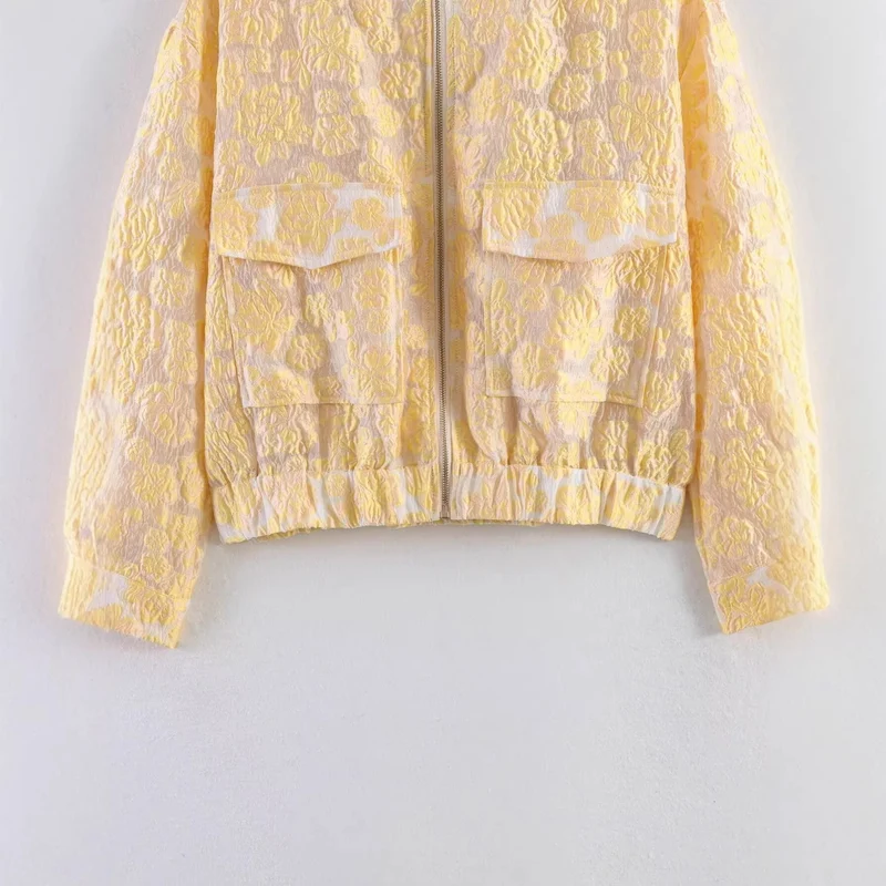 Damen Kurze florale Jacquard-Bomberjacke mit Reißverschluss und Pattentaschen Nord Taschen