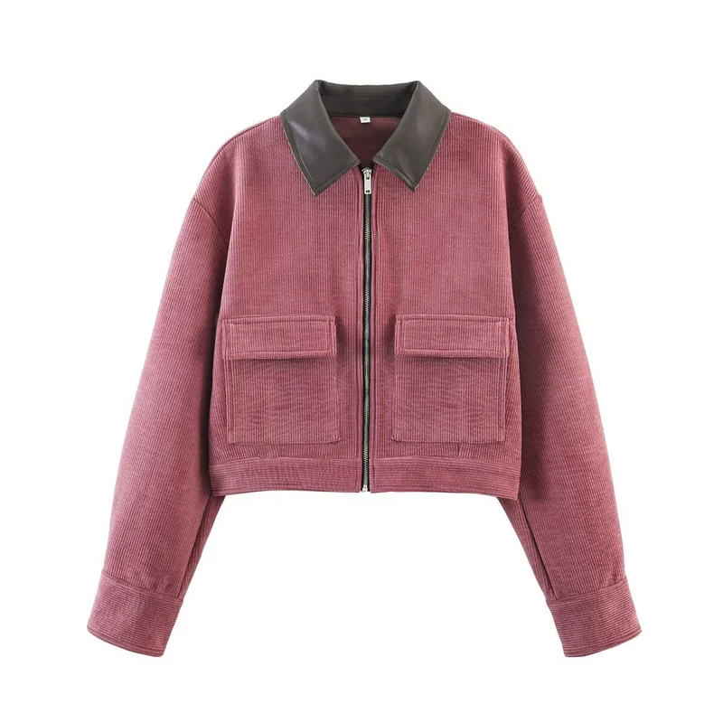 Damen Kurze Cordjacke im Blousonstil mit Lederkragen und aufgesetzten Klappentaschen Nord Taschen