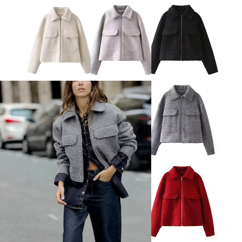 Damen Kurze Bouclé‑Jacke im Boxy‑Cut mit Reißverschluss und Pattentaschen Nord Taschen