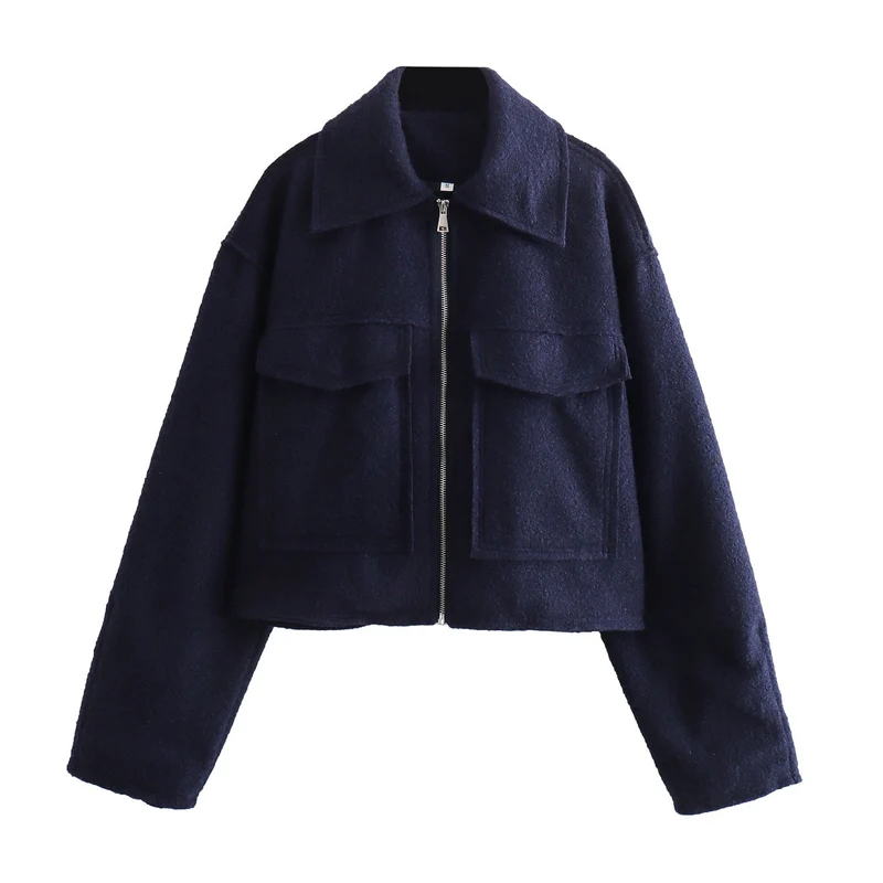 Damen Kurze Bouclé‑Jacke im Boxy‑Cut mit Reißverschluss und Pattentaschen Nord Taschen