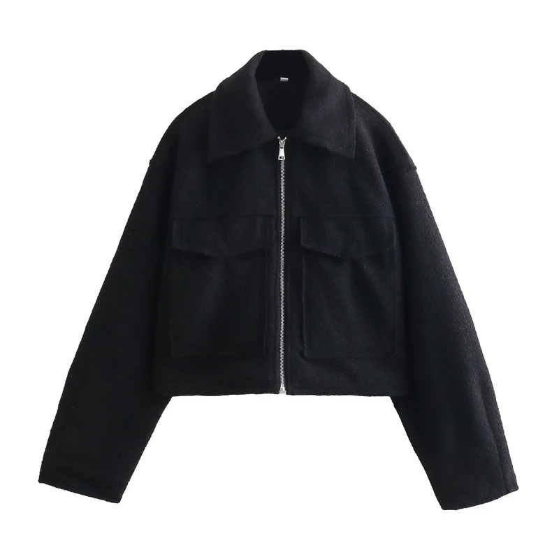 Damen Kurze Bouclé‑Jacke im Boxy‑Cut mit Reißverschluss und Pattentaschen Nord Taschen