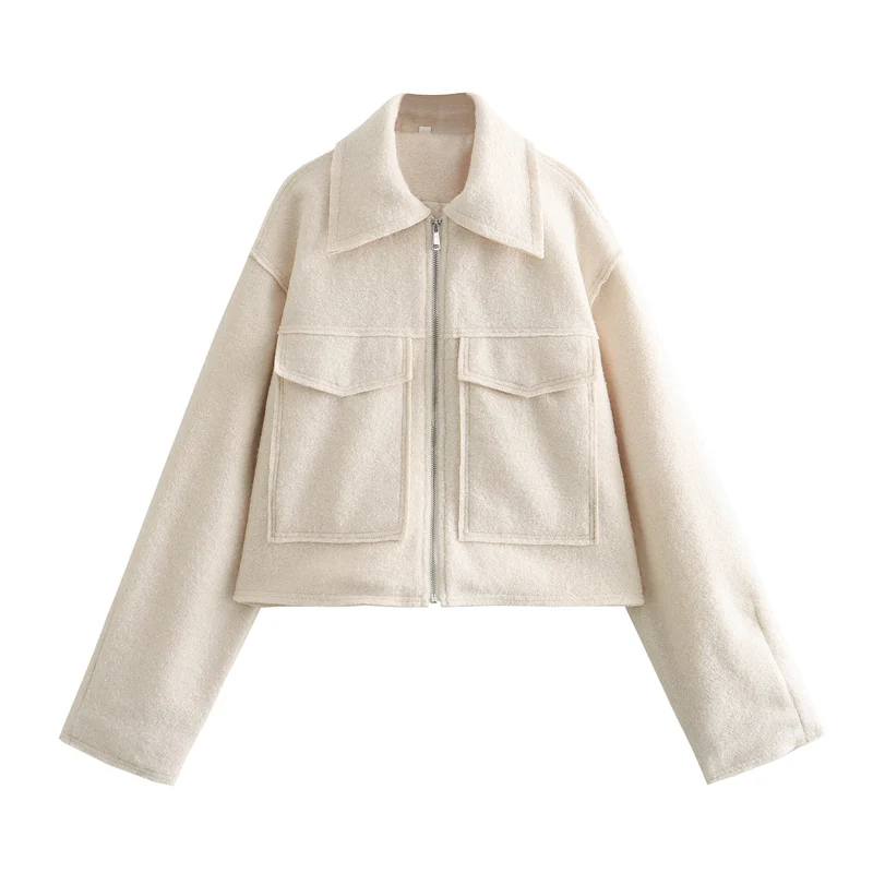 Damen Kurze Bouclé‑Jacke im Boxy‑Cut mit Reißverschluss und Pattentaschen Nord Taschen