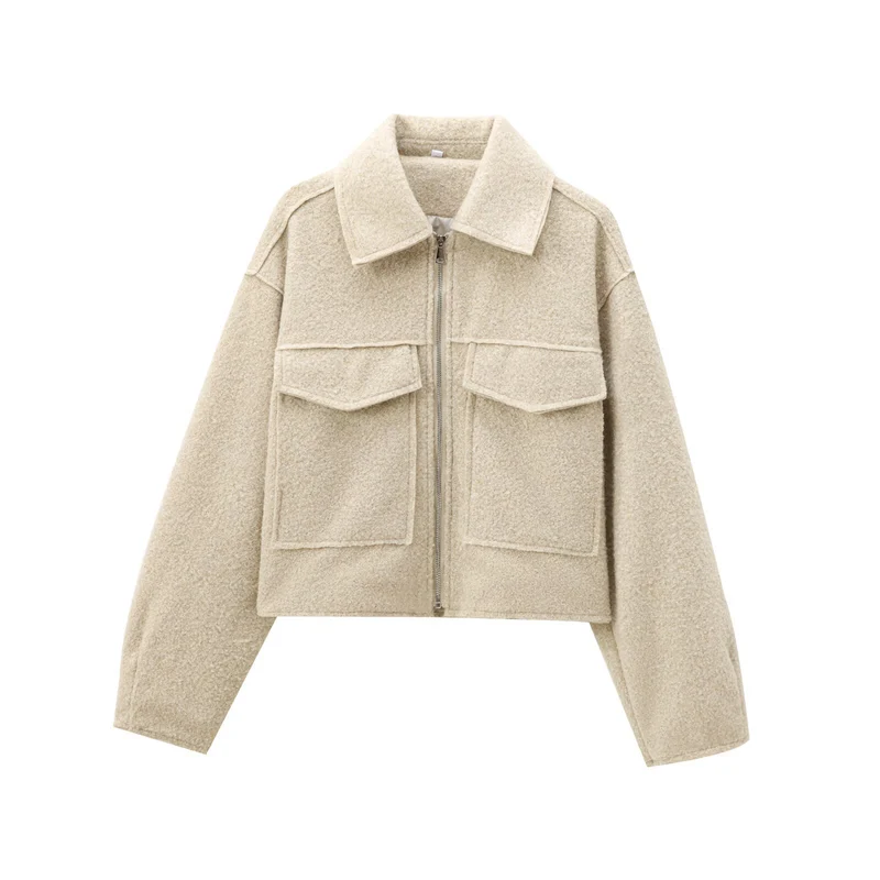 Damen Kurze Bouclé‑Jacke im Boxy‑Cut mit Reißverschluss und Pattentaschen Nord Taschen