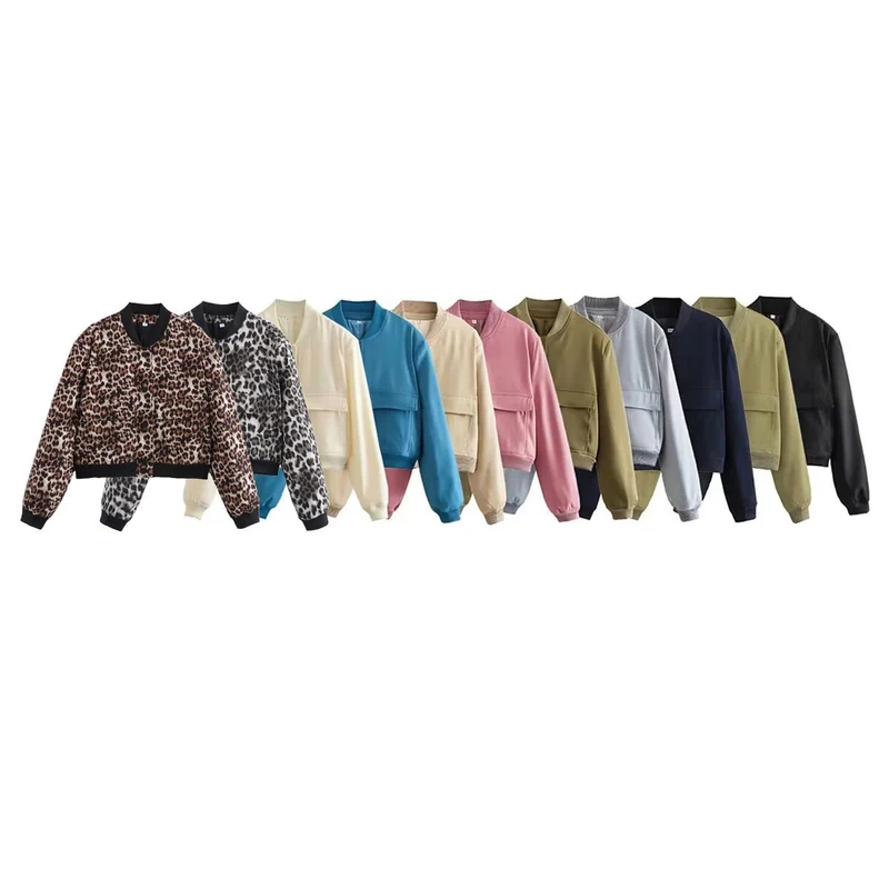 Damen Kurze Bomberjacke mit Leopardenprint, Rippbündchen und Pattentaschen Nord Taschen