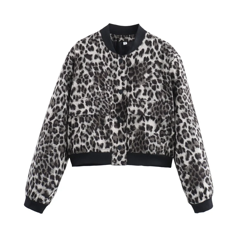 Damen Kurze Bomberjacke mit Leopardenprint, Rippbündchen und Pattentaschen Nord Taschen