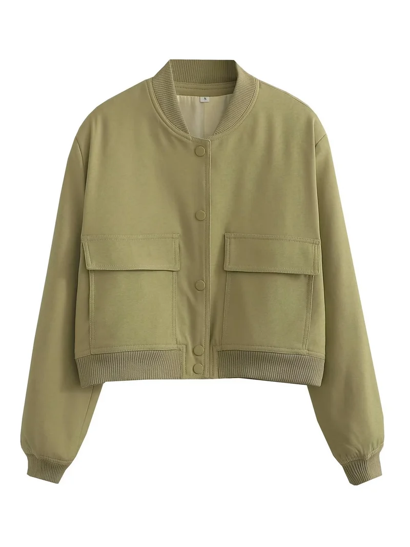 Damen Kurze Bomberjacke mit Leopardenprint, Rippbündchen und Pattentaschen Nord Taschen