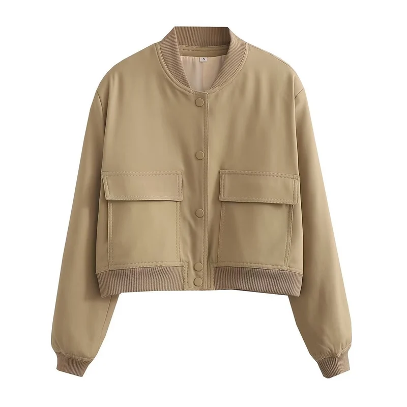 Damen Kurze Bomberjacke mit Leopardenprint, Rippbündchen und Pattentaschen Nord Taschen