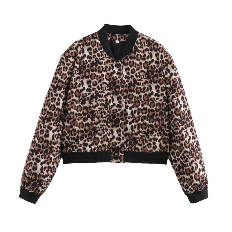 Damen Kurze Bomberjacke mit Leopardenprint, Rippbündchen und Pattentaschen Nord Taschen