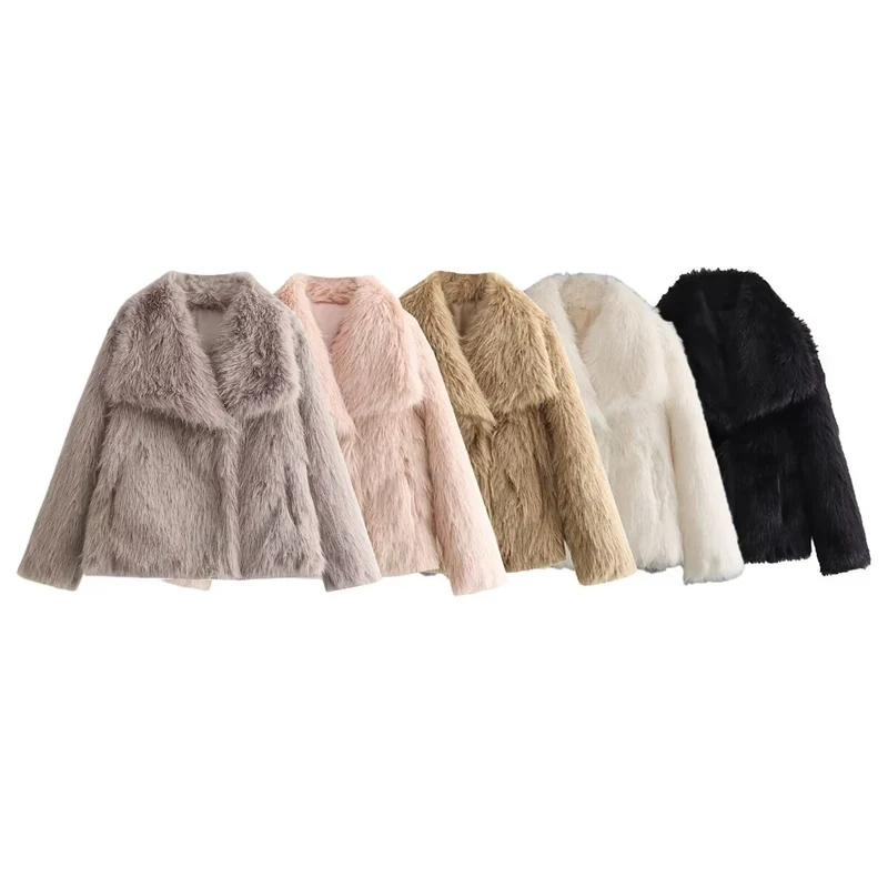 Damen Kurzboxy Kunstfelljacke mit breitem Schalkragen und langfaserigem Faux-Fur Nord Taschen
