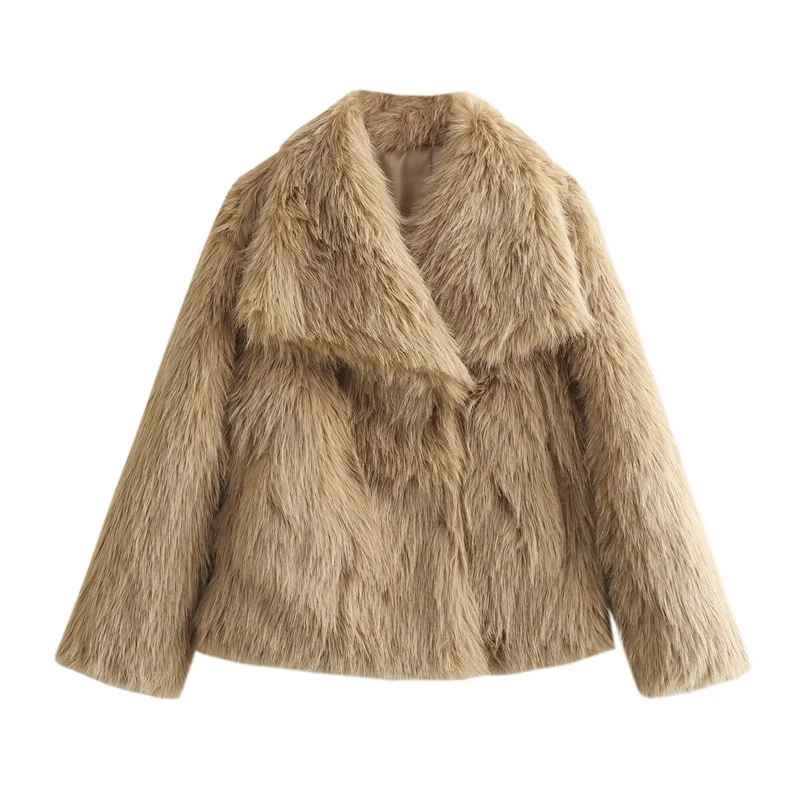 Damen Kurzboxy Kunstfelljacke mit breitem Schalkragen und langfaserigem Faux-Fur Nord Taschen