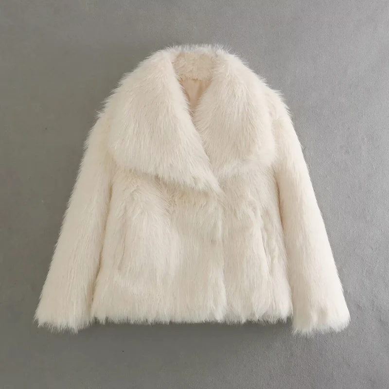 Damen Kurzboxy Kunstfelljacke mit breitem Schalkragen und langfaserigem Faux-Fur Nord Taschen