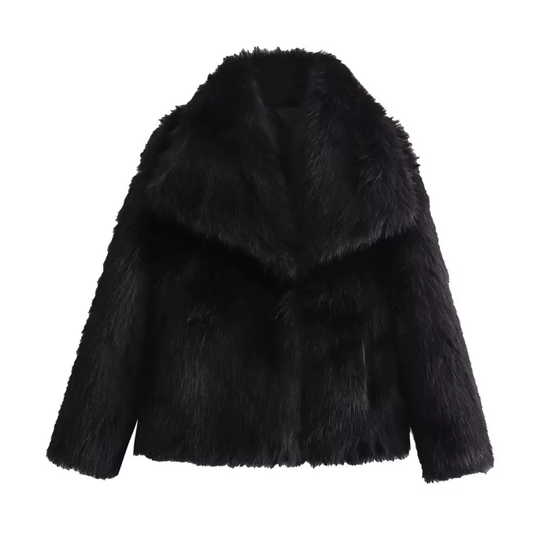 Damen Kurzboxy Kunstfelljacke mit breitem Schalkragen und langfaserigem Faux-Fur Nord Taschen