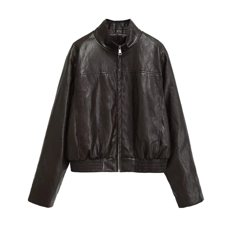 Damen Kurzblouson im Vintage-Lederlook mit Stehkragen, Reißverschluss und breitem Rippbündchen Nord Taschen