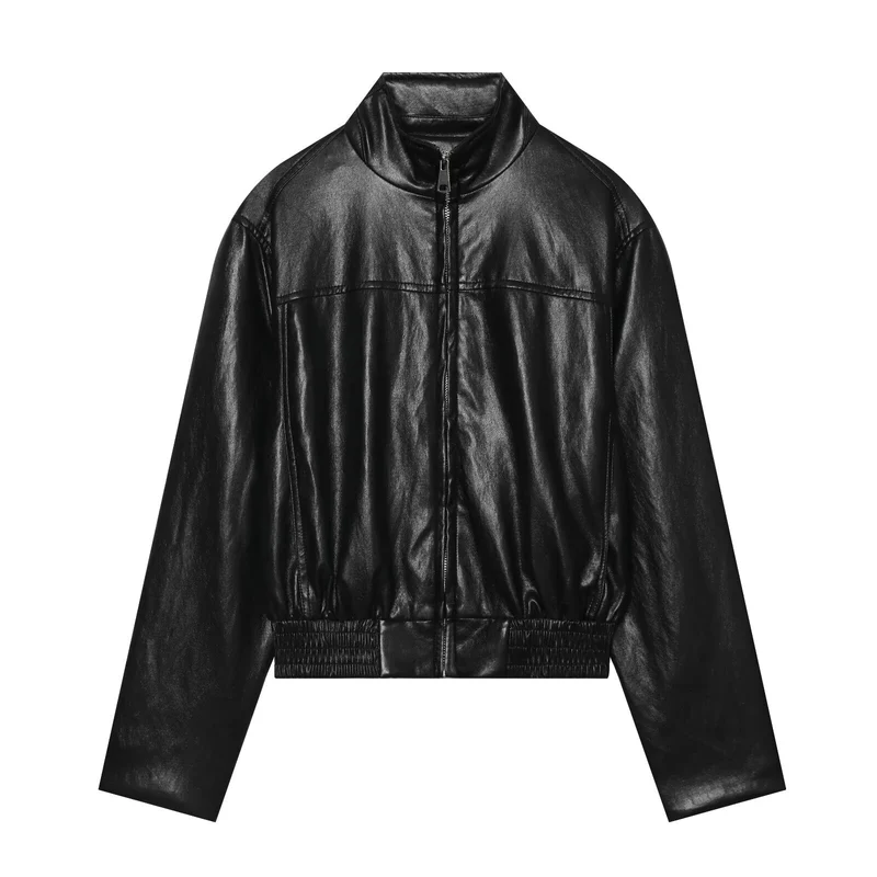 Damen Kurzblouson im Vintage-Lederlook mit Stehkragen, Reißverschluss und breitem Rippbündchen Nord Taschen