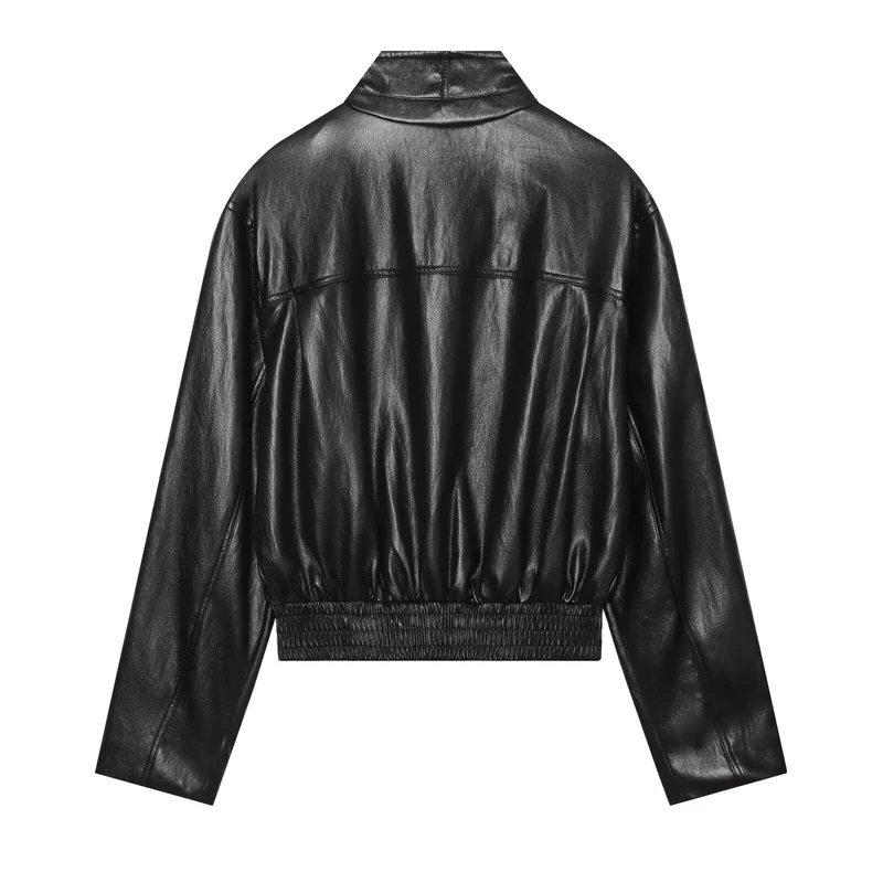 Damen Kurzblouson im Vintage-Lederlook mit Stehkragen, Reißverschluss und breitem Rippbündchen Nord Taschen