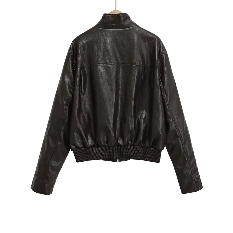 Damen Kurzblouson im Vintage-Lederlook mit Stehkragen, Reißverschluss und breitem Rippbündchen Nord Taschen
