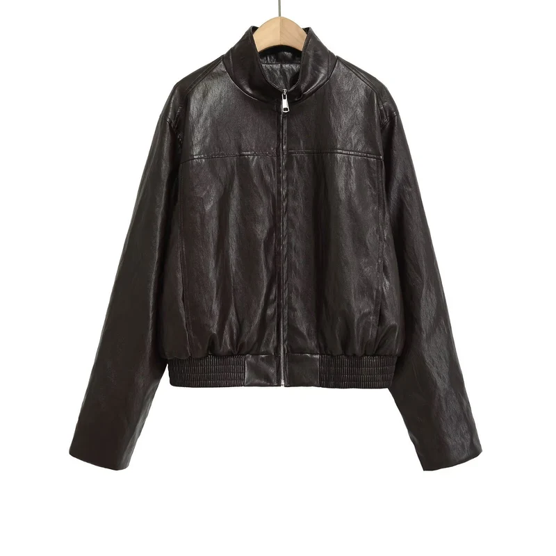 Damen Kurzblouson im Vintage-Lederlook mit Stehkragen, Reißverschluss und breitem Rippbündchen Nord Taschen