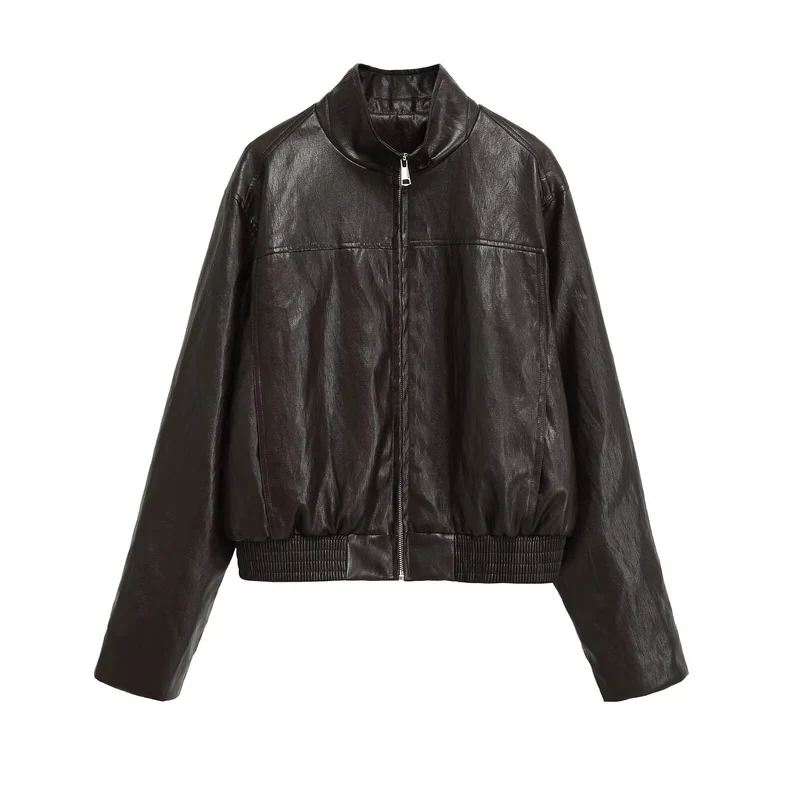Damen Kurzblouson im Vintage-Lederlook mit Stehkragen, Reißverschluss und breitem Rippbündchen Nord Taschen