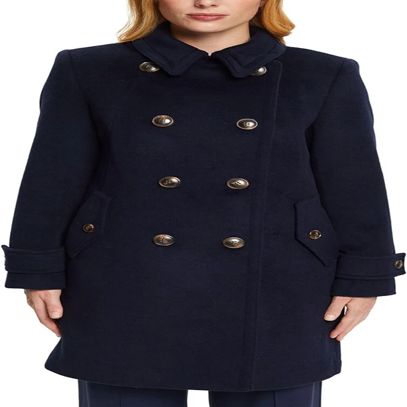 Damen Midilanger Doppelreihiger Marineinspirierter Wollmix-Peacoat mit Pattentaschen Nord Taschen