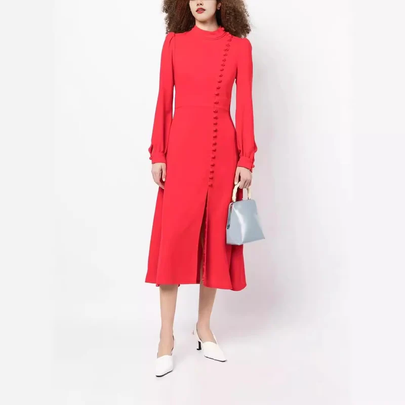 Damen Midikleid im Vintage‑Look mit hochgeschlossenem Kragen, asymmetrischer Zierknopfleiste und Frontschlitz Nord Taschen